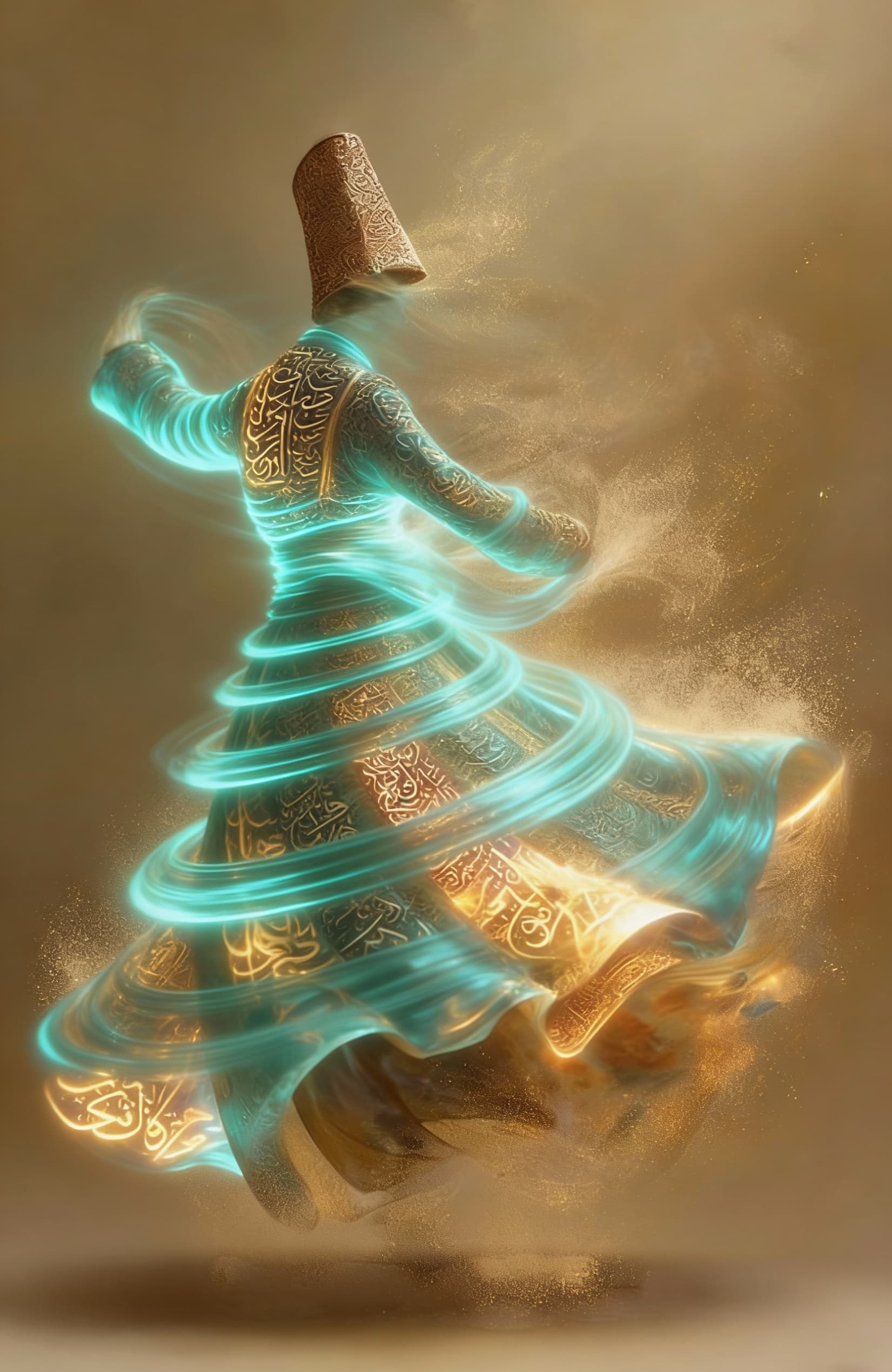 AI generated: A mystical whirling dervish in mid-spin, formed from turquoise     spiraling bands of molten light, ...