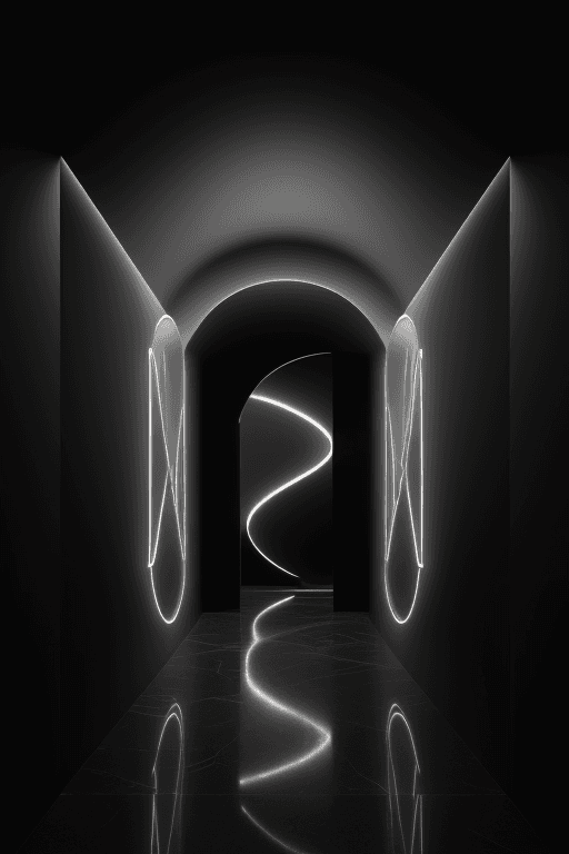 AI generated: contemporary art gallery entrance with cascading light sculptures, minimalist curved light installat...