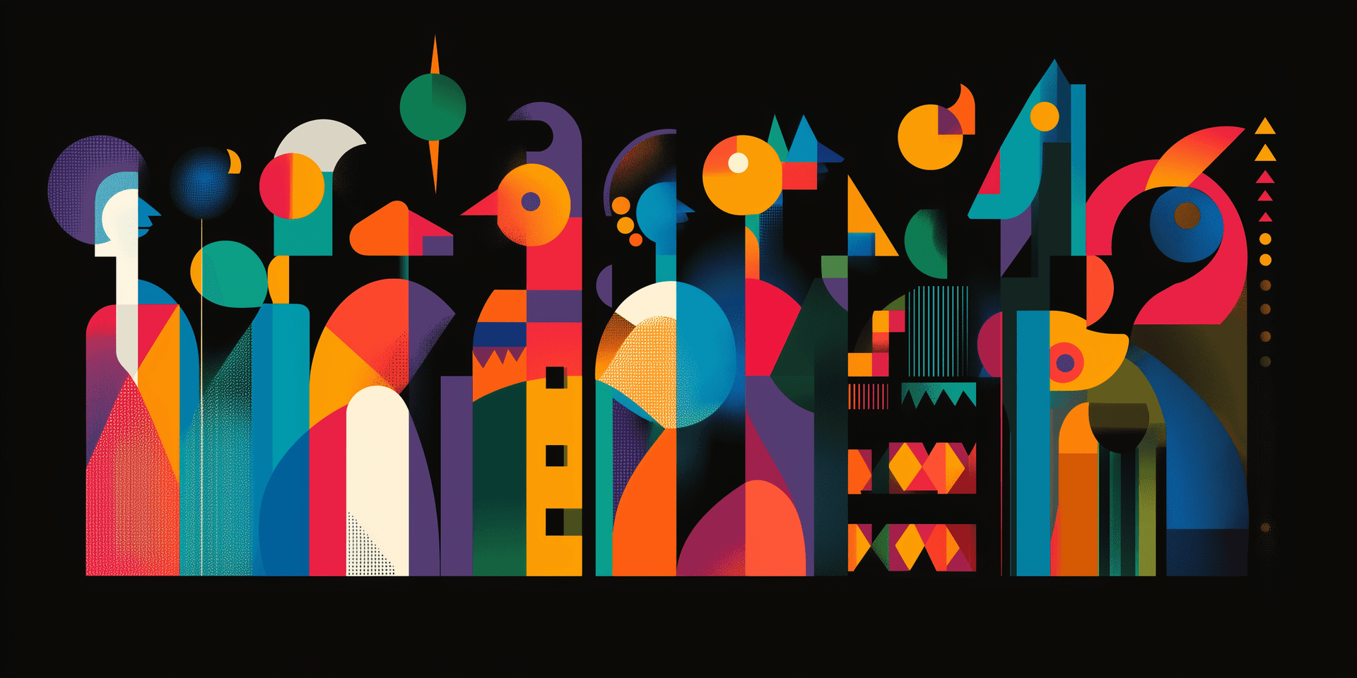 AI generated: Colorful space people standing in a line against a black background, vector illustration. --ar 2:1 -...