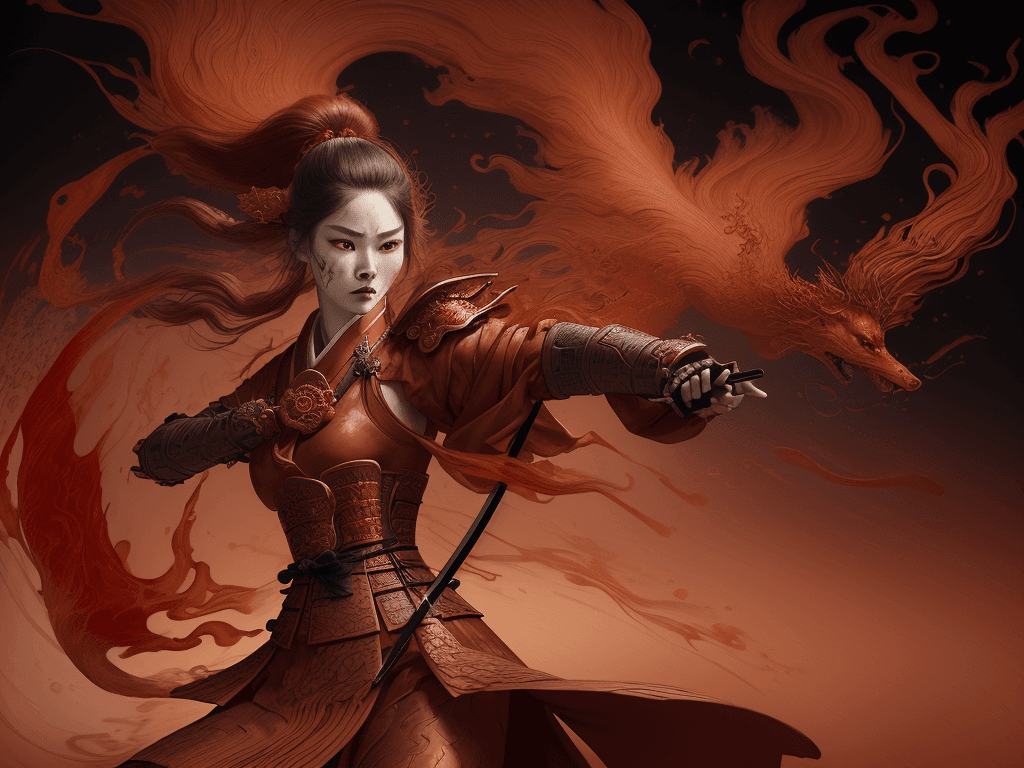 AI generated: A fierce samurai with fiery red strokes on her face, in the style of flowing silk sculpting, gracefu...