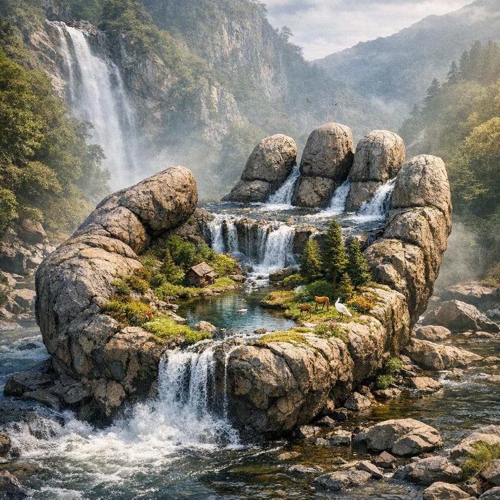 AI generated: realistic fantasy image of a rock shaped like an open hand with a river flowing over it and an eco s...