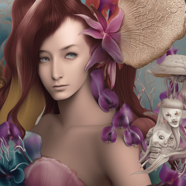 AI generated: Goddess close-up portrait ribcagel. jellyfish phoenix head, nautilus, orchid, skull, betta fishnsfw,...