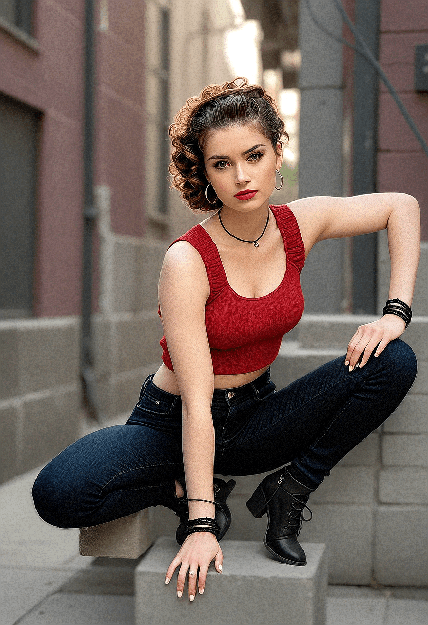 AI generated: An image of a young woman with Hollywood Waves hairstyle, wearing a fitted red crop top and high-wai...