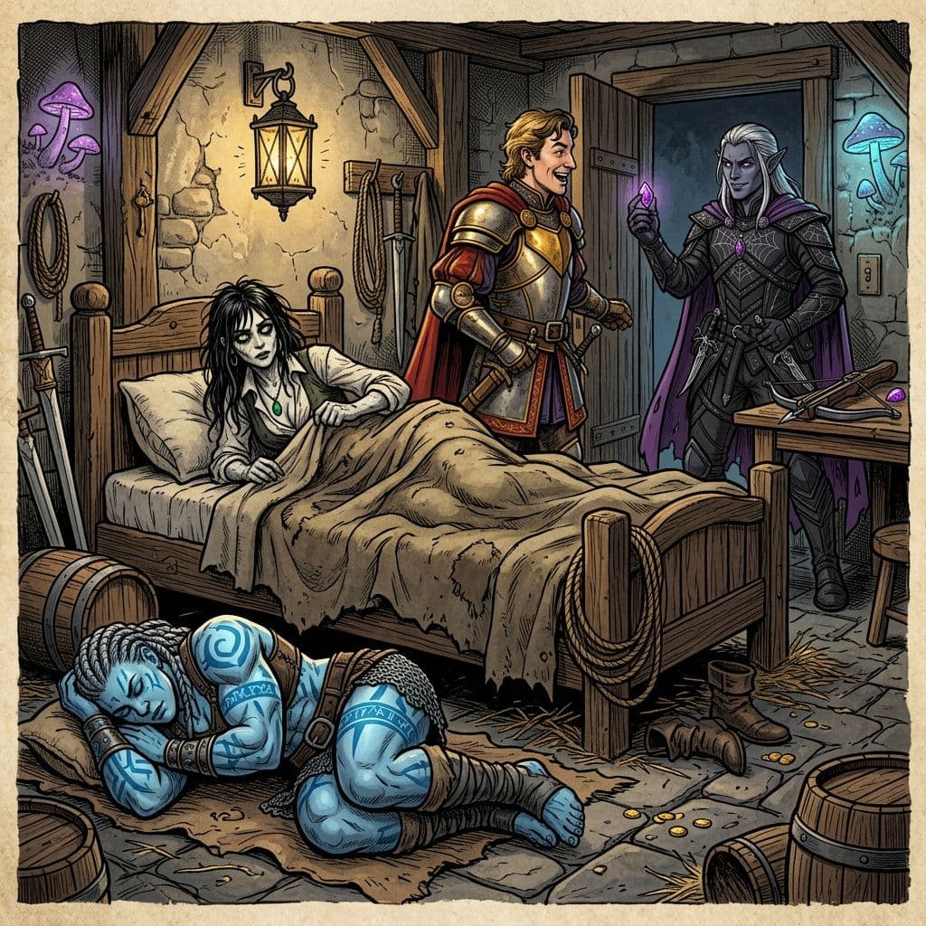AI generated: a pale gaunt female bard quietly slips into the only bed in medieval hideout while an noble knight i...