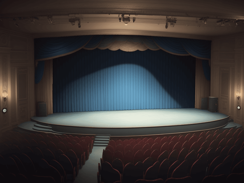 AI generated: a small old theater stage with blue curtains with eight women from the 1950s standing and looking at...