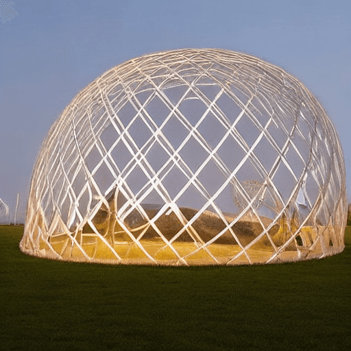 AI generated: "Behold a marvel of design—an egg-shaped tent structure that emanates a soft glow. Crafted from alum...