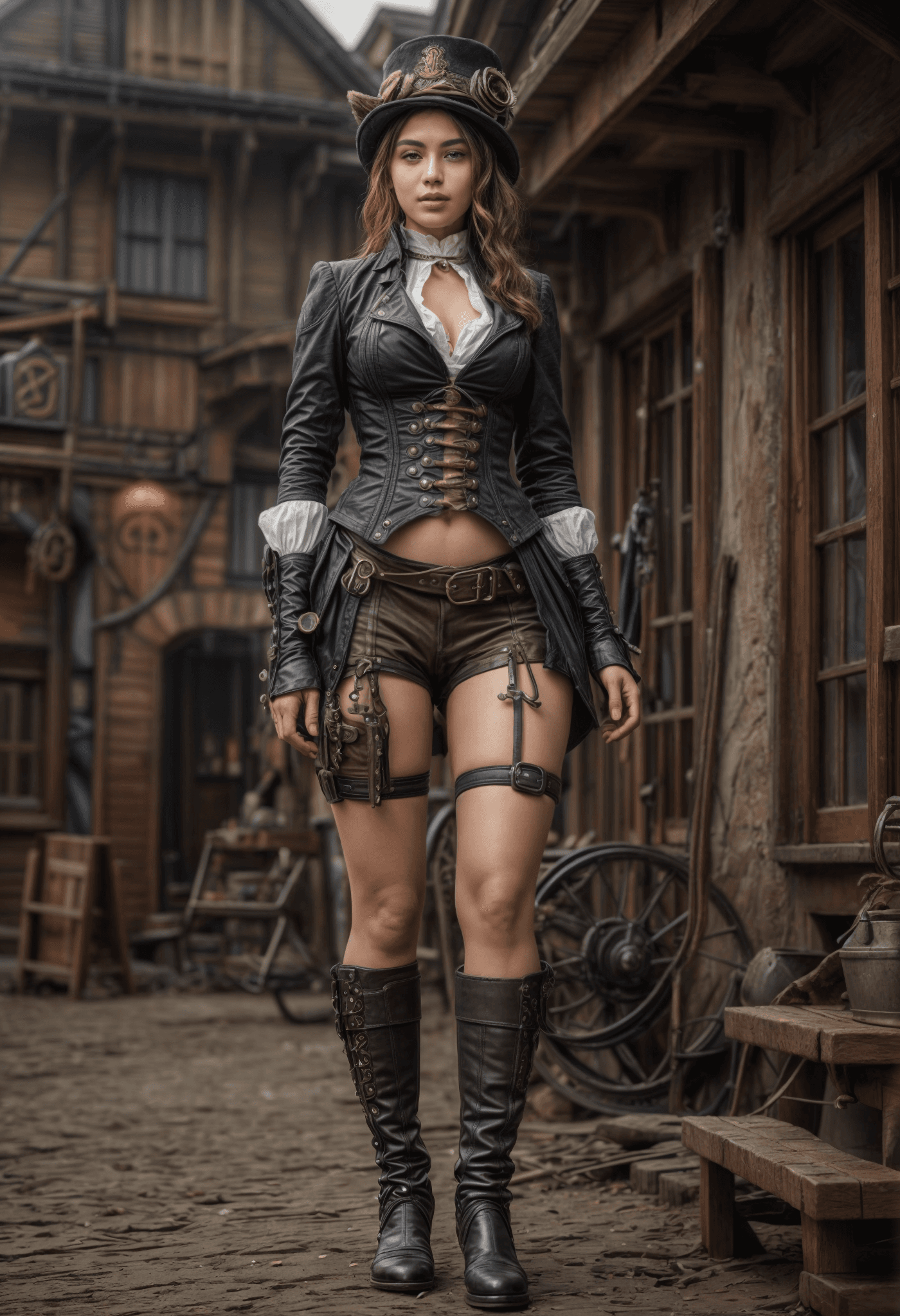 AI generated: full body portrait in a very detailed steampunk village,Hot breathless beautiful steampunk princess,...