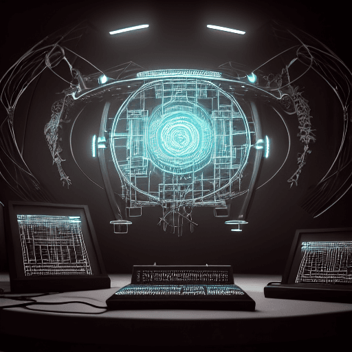 AI generated: complex portrait of a cyberpunk round computer, over a table, leds, black plastic, symmetrical, frac...