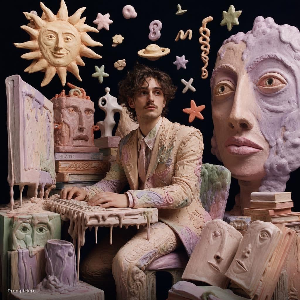 AI generated: surreal editorial composition, hyperrealistic human mixed with handmade plasticine sculptures, tacti...