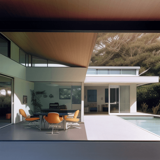 AI generated: Hyper realistic eye level exterior photo of a mid century modern style house overlooking the ocean, ...