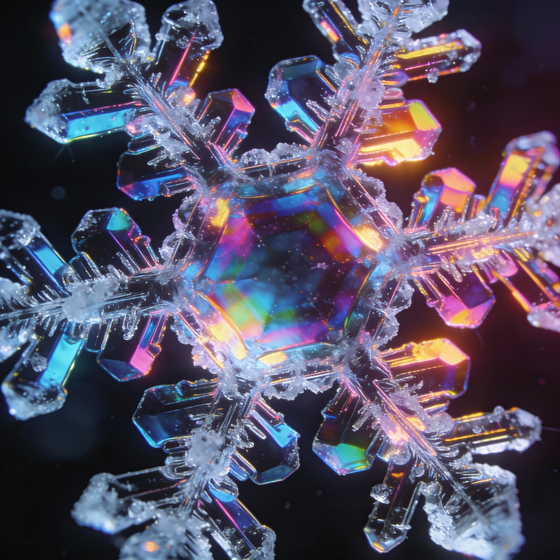 AI generated: snowflake under a microscope, artistic macro view, abstract crystalline geometry, symmetrical patter...
