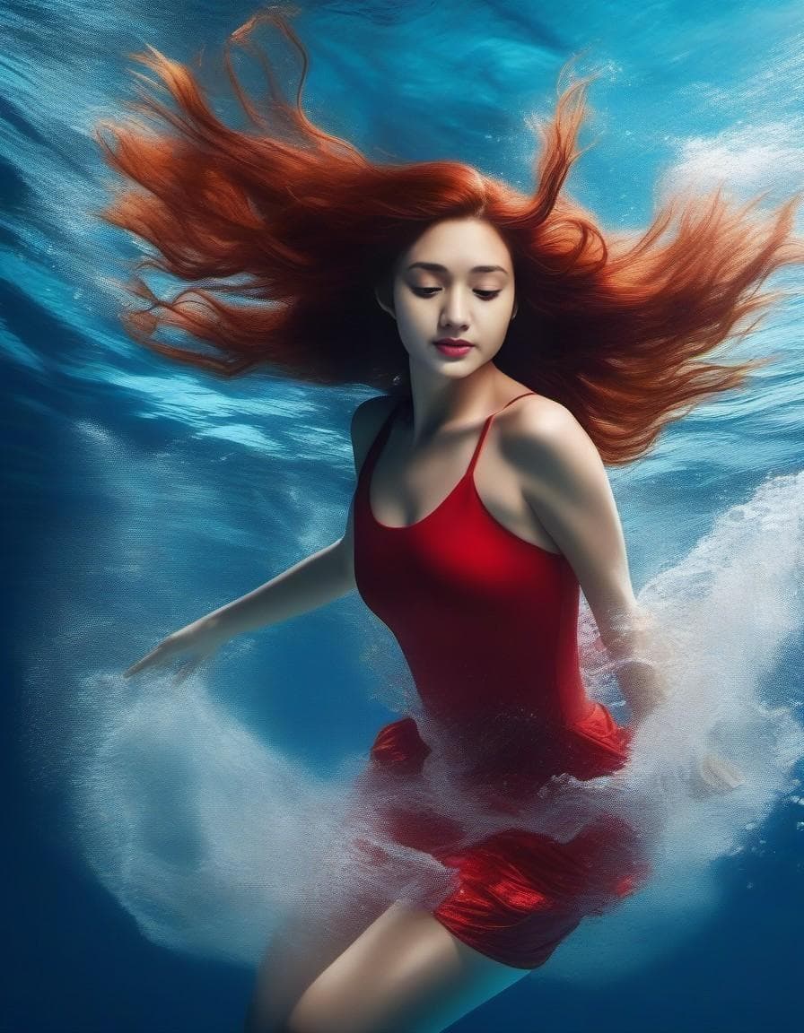 AI generated: A beautiful red hair girl is diving in the blue water, her graceful figure and the light and shadow ...