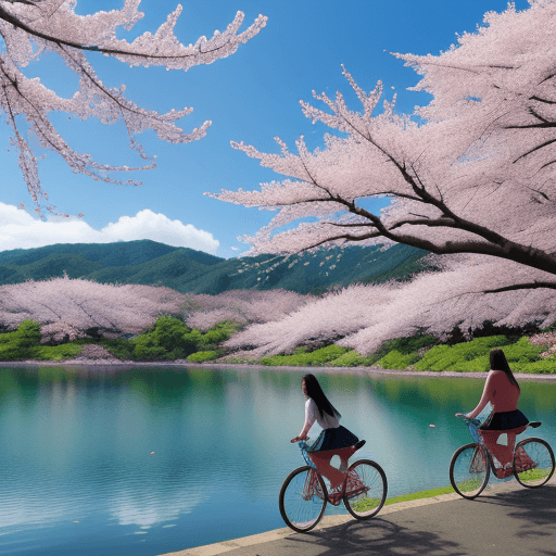 AI generated: Blue lake, cherry blossoms in full bloom, girls riding bicycles