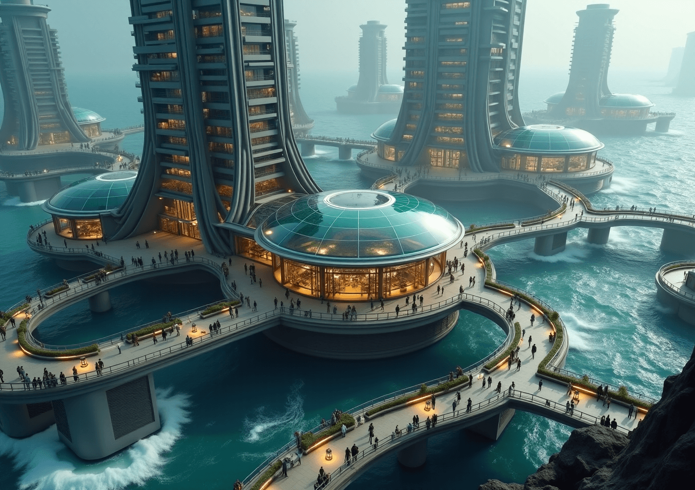 AI generated: A futuristic, floating city in the middle of a raging ocean with high waves. Several different build...