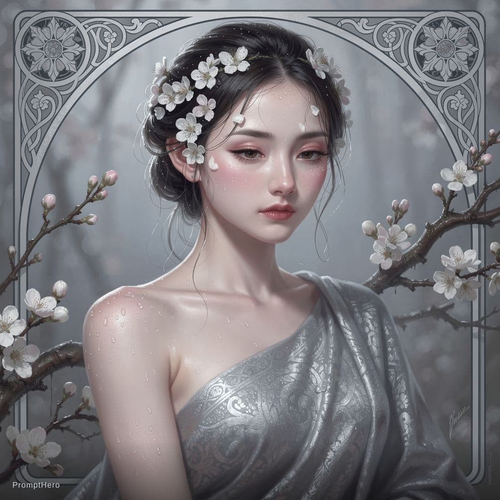 AI generated: A captivating portrait of a beautiful Asian woman with a serene expression, sitting gracefully amids...