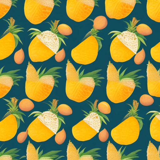 AI generated: Pattern of whole pineapples, whole peaches and sliced mangos on solid color