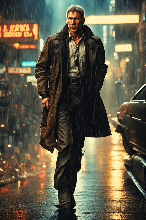 AI generated: Young Harrison Ford in blade runner, photo, light box, three point lighting, film grain, epic movie ...