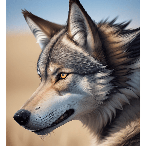 AI generated: 3d photorealistic photo, side profile of a wolf on the Serengeti, extreme close-up, in the style of ...