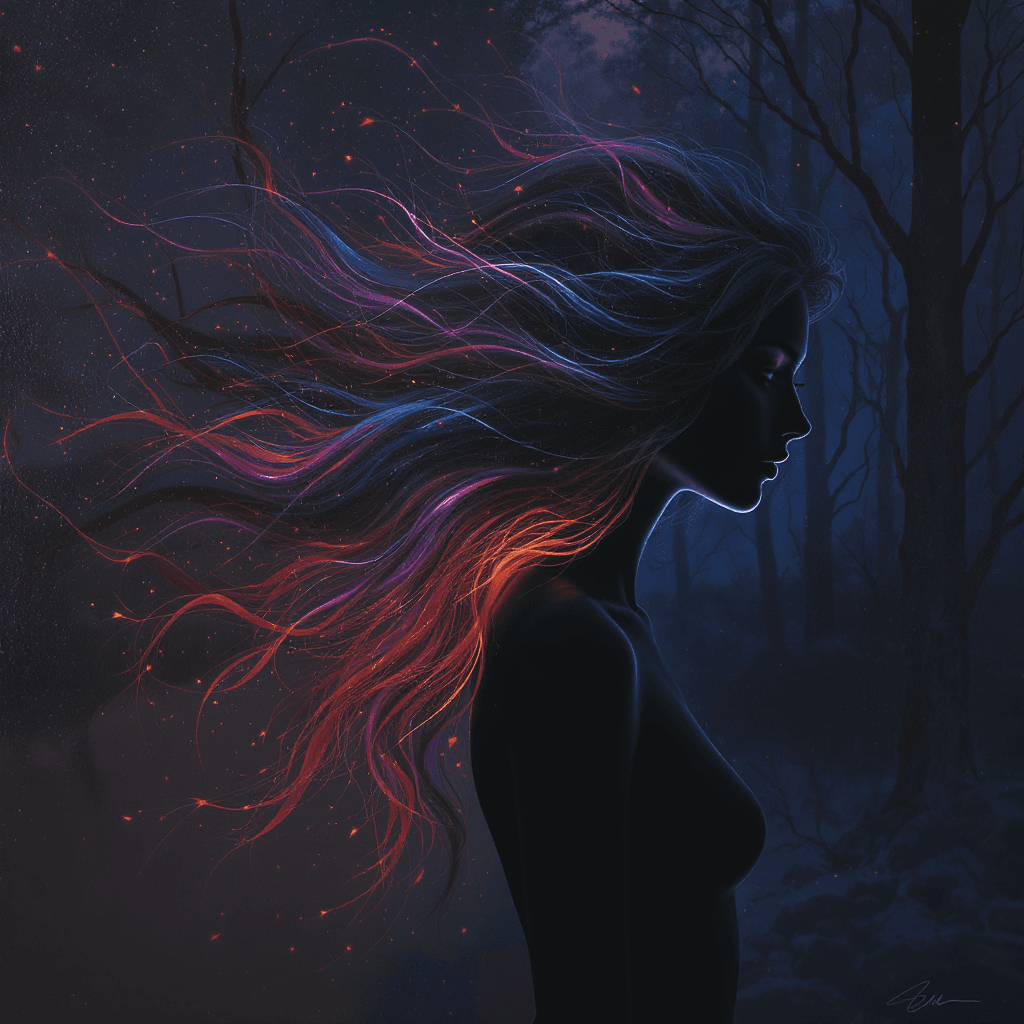 AI generated: "Profile view of a young ethereal woman in her late teens or early twenties, shown from the mid-ches...
