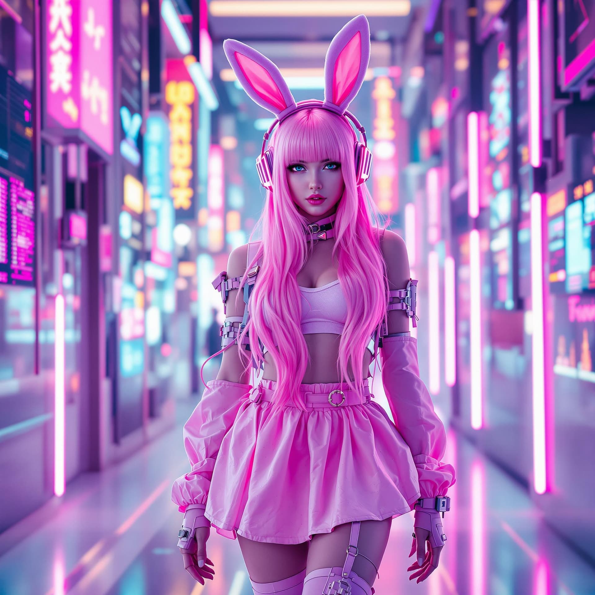 AI generated: The pink bunny girl in the cyber world is a cyberpunk (full body photo), with beautiful long hair, w...