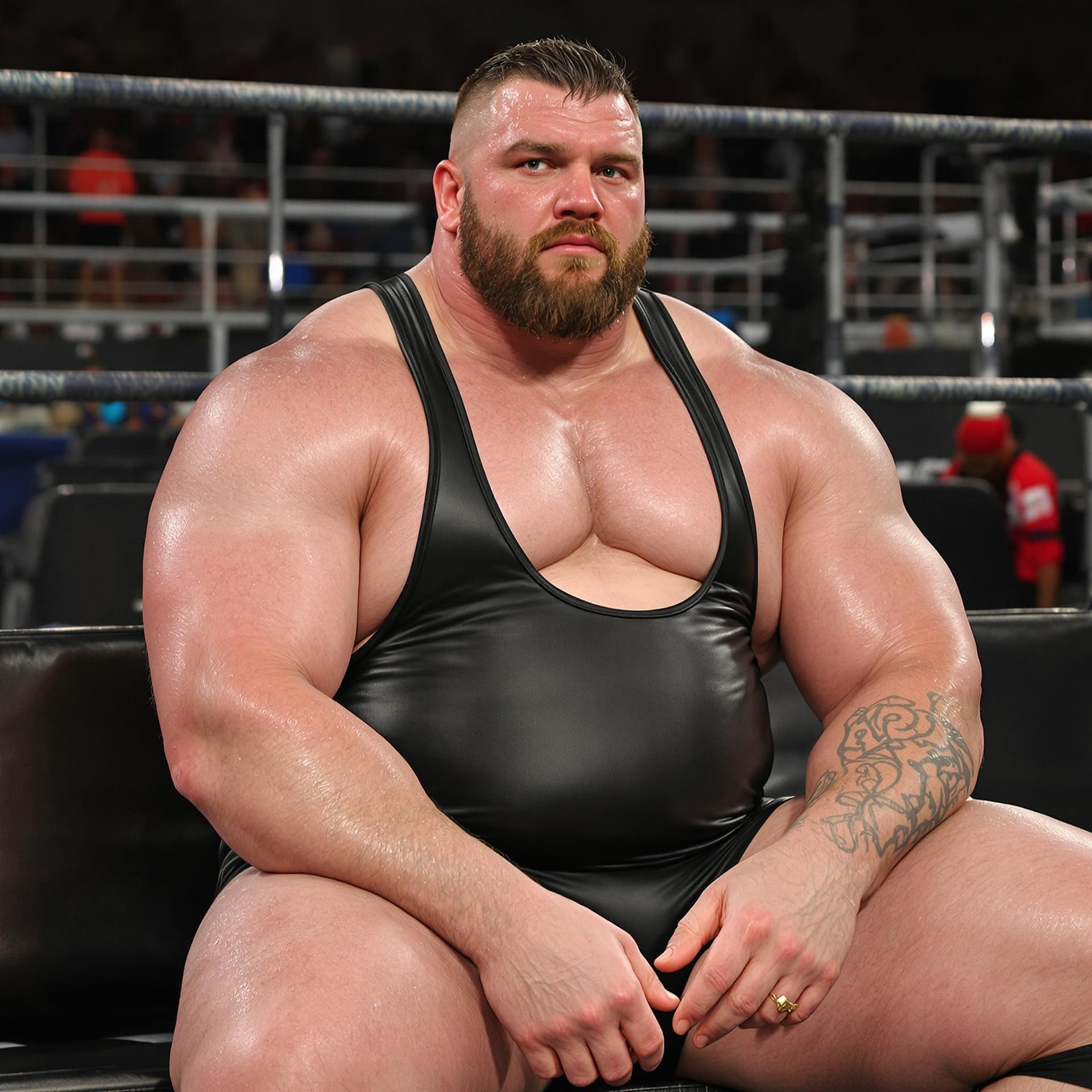 AI generated: A massive, well-proportioned, ultra-muscular male professional wrestling athlete sits on a bench in ...