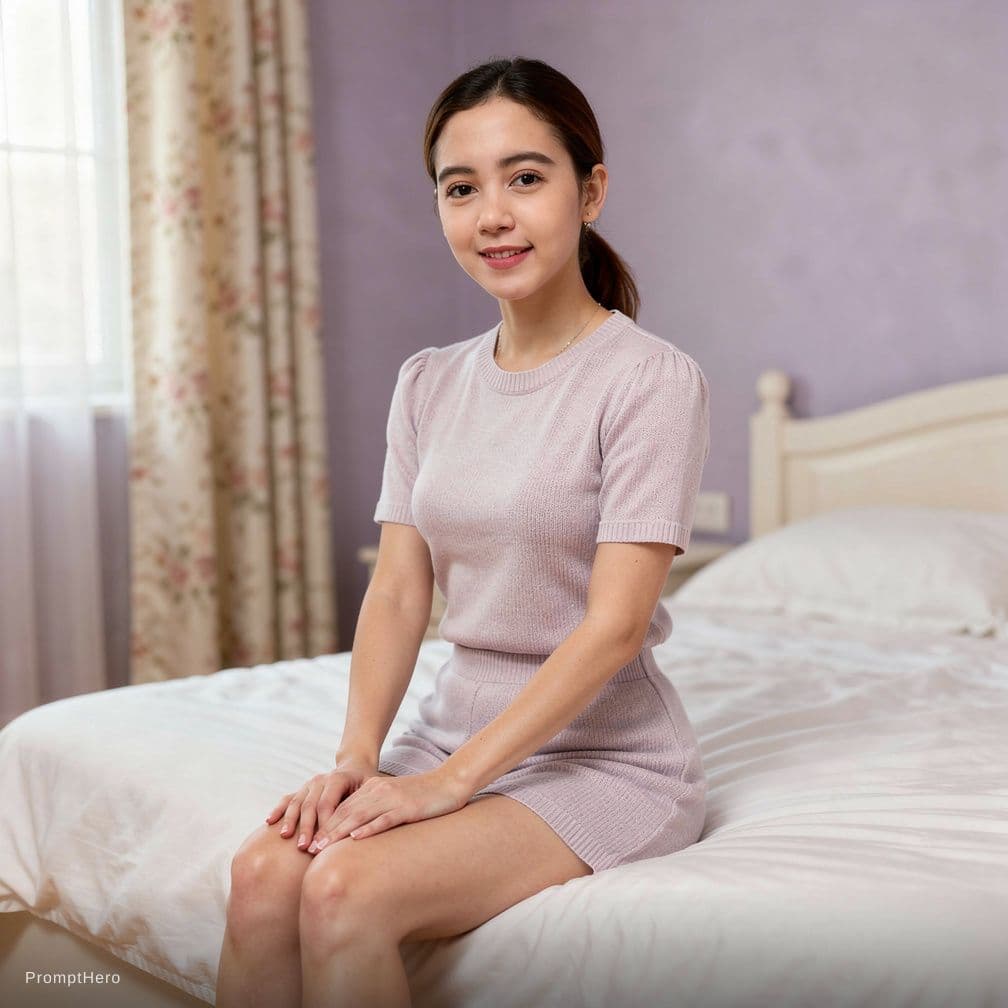 AI generated: Make me use this photo A realistic indoor portrait of a me sitting on the edge of a neatly made bed ...
