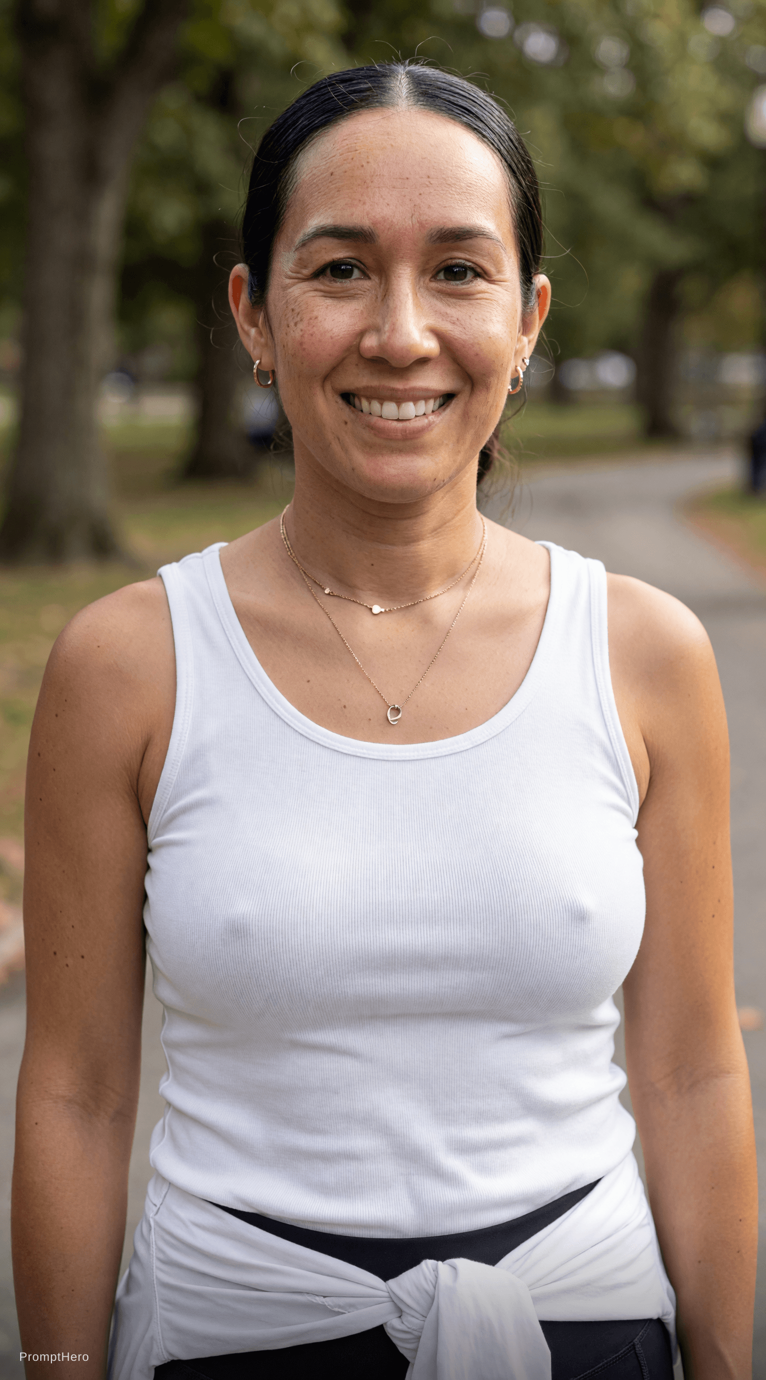AI generated: woman with saggy breasts wearing a white tank top