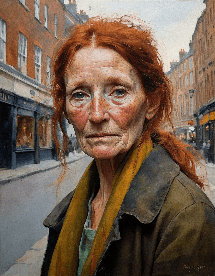 AI generated: An image of oil painting of an old freckles woman, background: city street, artist: random