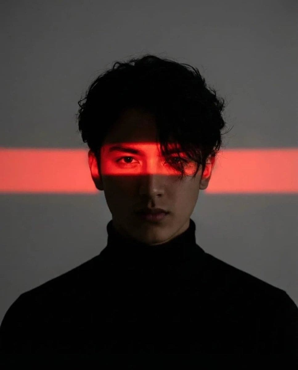 AI generated: Cinematic studio portrait of a young man with messy textured hair, wearing a black turtleneck, cente...