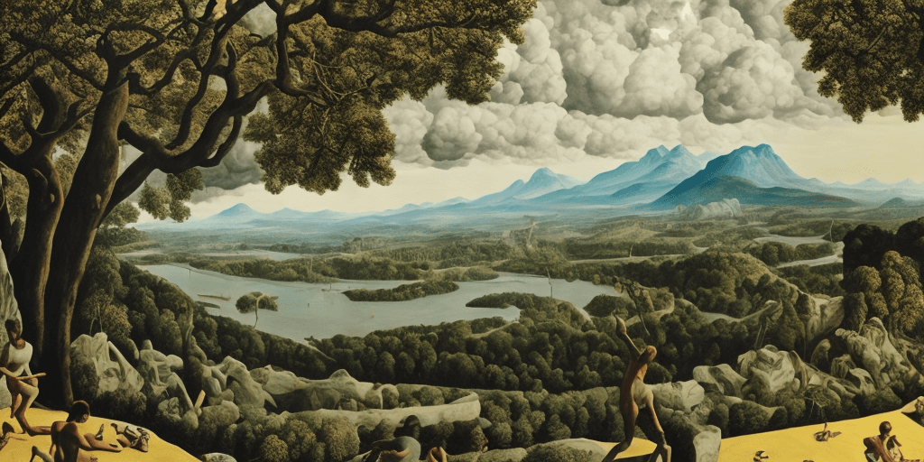 AI generated: epic view, epic scene, oil painting, neo rauch, painting with incomparable reality, intricate detail...