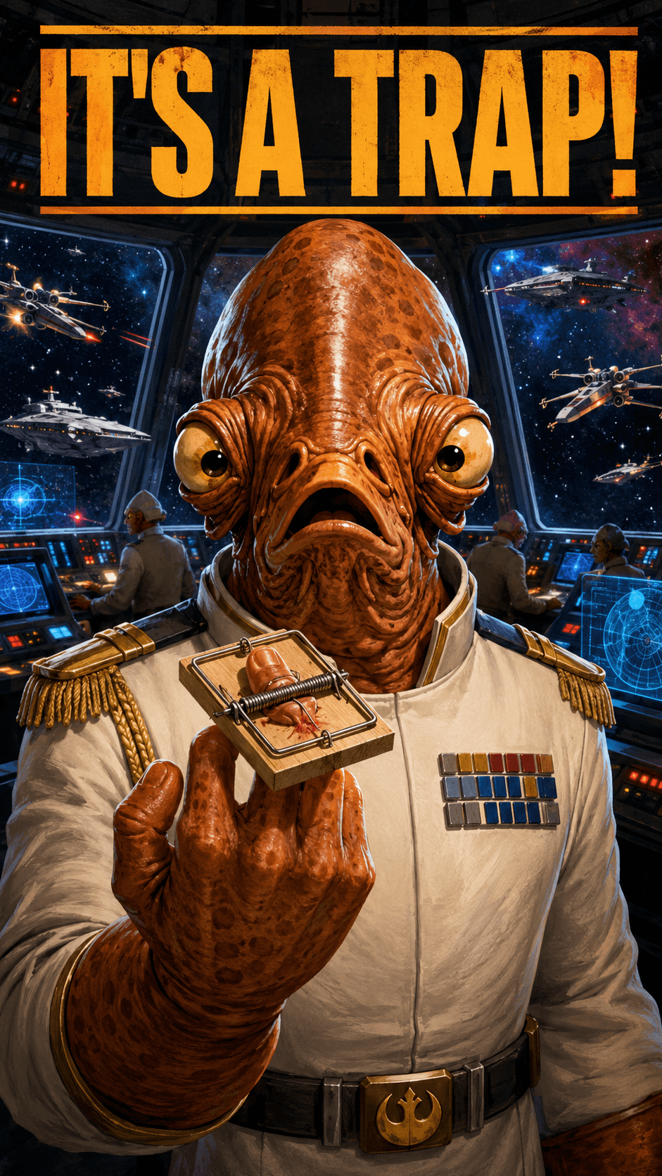 AI generated: Humorous editorial-quality sci-fi illustration, vertical 9:16 composition, featuring a fish-like ali...