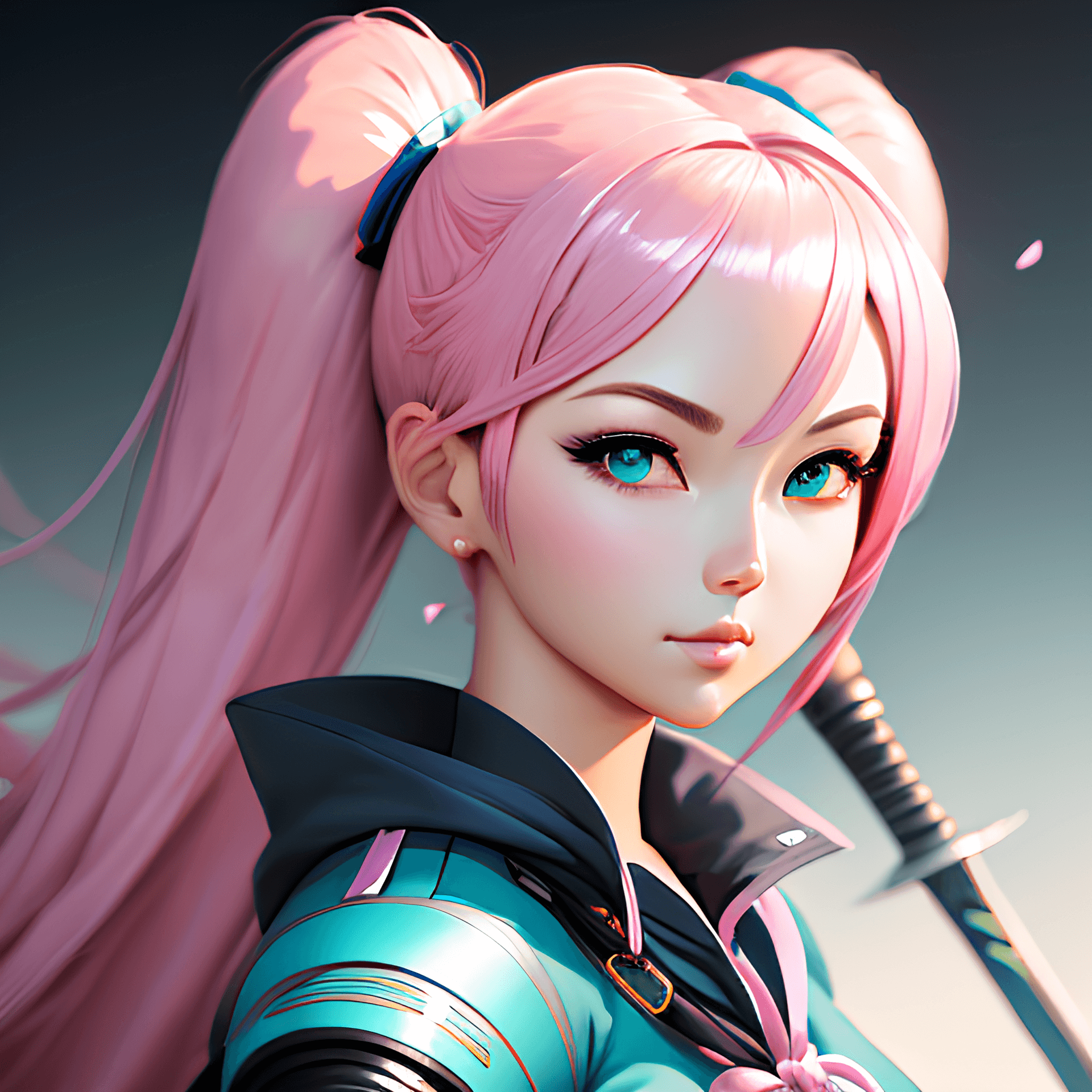 AI generated: a drawing of a woman holding a sword, an anime drawing, inspired by rossdraws, pink twintail hair an...