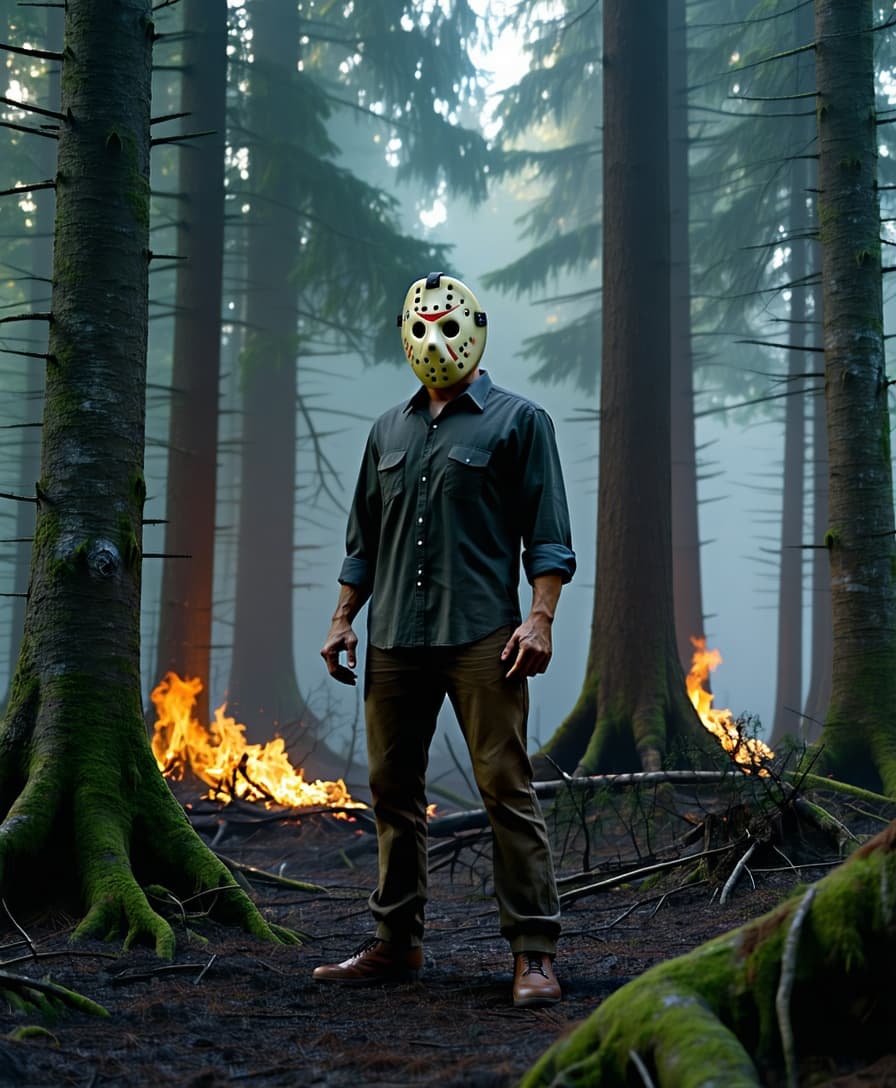 AI generated:  Jason Voorhees, known from the "Friday the 13th" horror series, standing in a forest ,misty,epic, t...