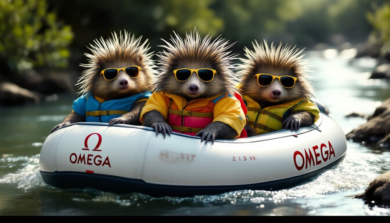 AI generated: 3 porcupines wearing summer clothes and sunglasses in a blow-up raft with a brand name ( OMEGA) floa...