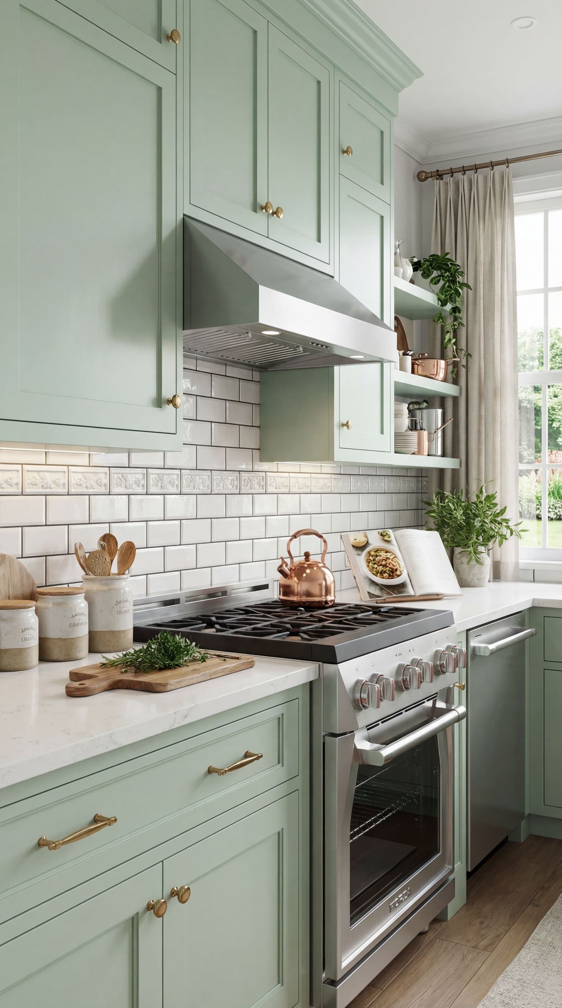 AI generated: Turn into lifestyle photo. Make kitchen cabinets pastel green light luxurious. Tiles ceramic luxury ...