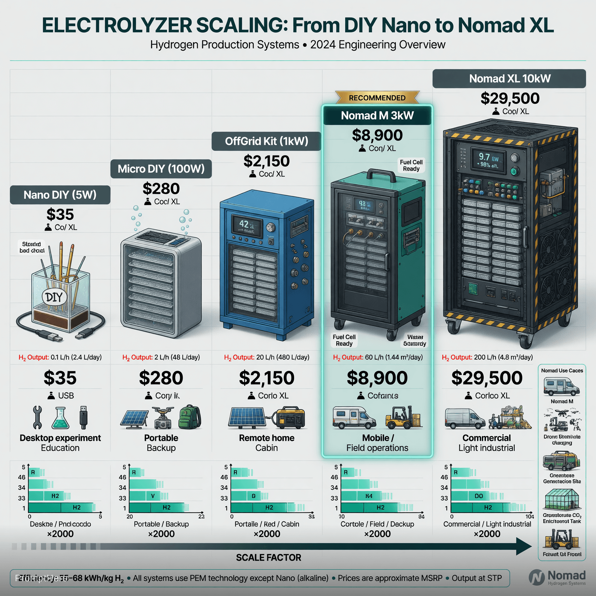 AI generated: Clean professional technical comparison chart illustration showing electrolyzer scaling from DIY Nan...