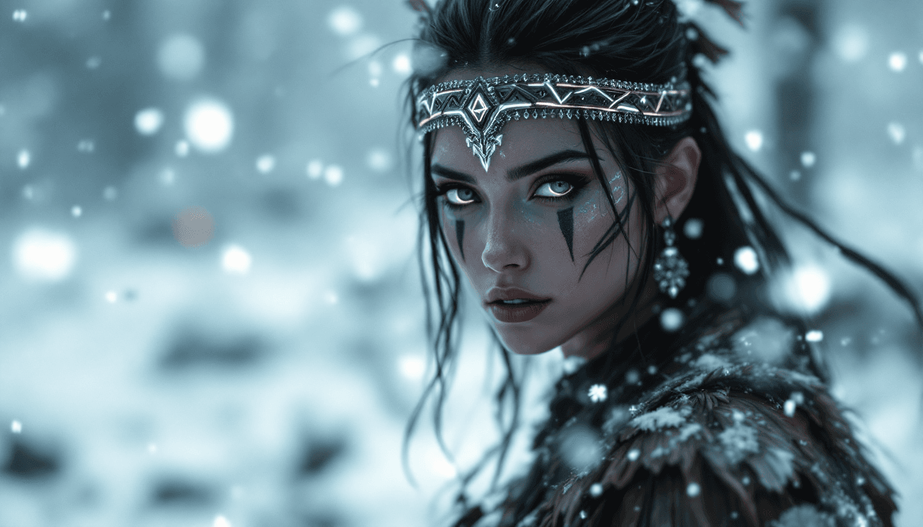 AI generated: A female warrior with dark hair and facial tattoos, wearing a headdress of feathers, full-body portr...