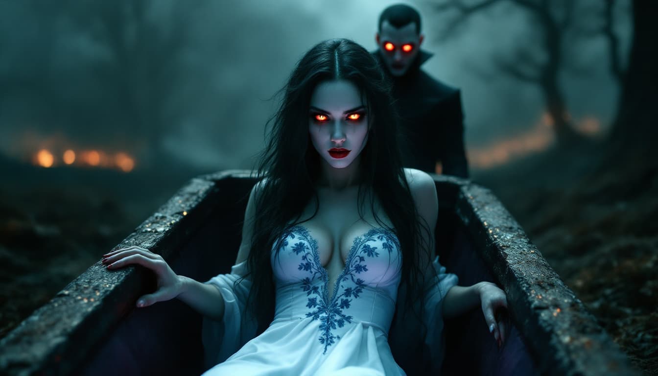 AI generated: The image depicts a dramatic and eerie scene, set against a wide, panoramic backdrop of dark and for...