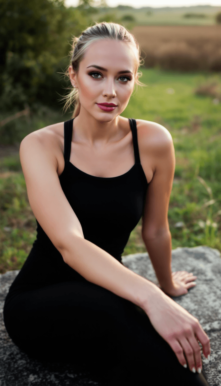 AI generated: Woman sitting outdoors on textured surface, wearing dark fitted tank top and bottoms. Pose: legs str...