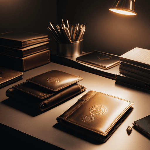 AI generated: (((Leather wallet with a raised golden Bitcoin symbol))), (((detailed wallet))), (((realistic leathe...
