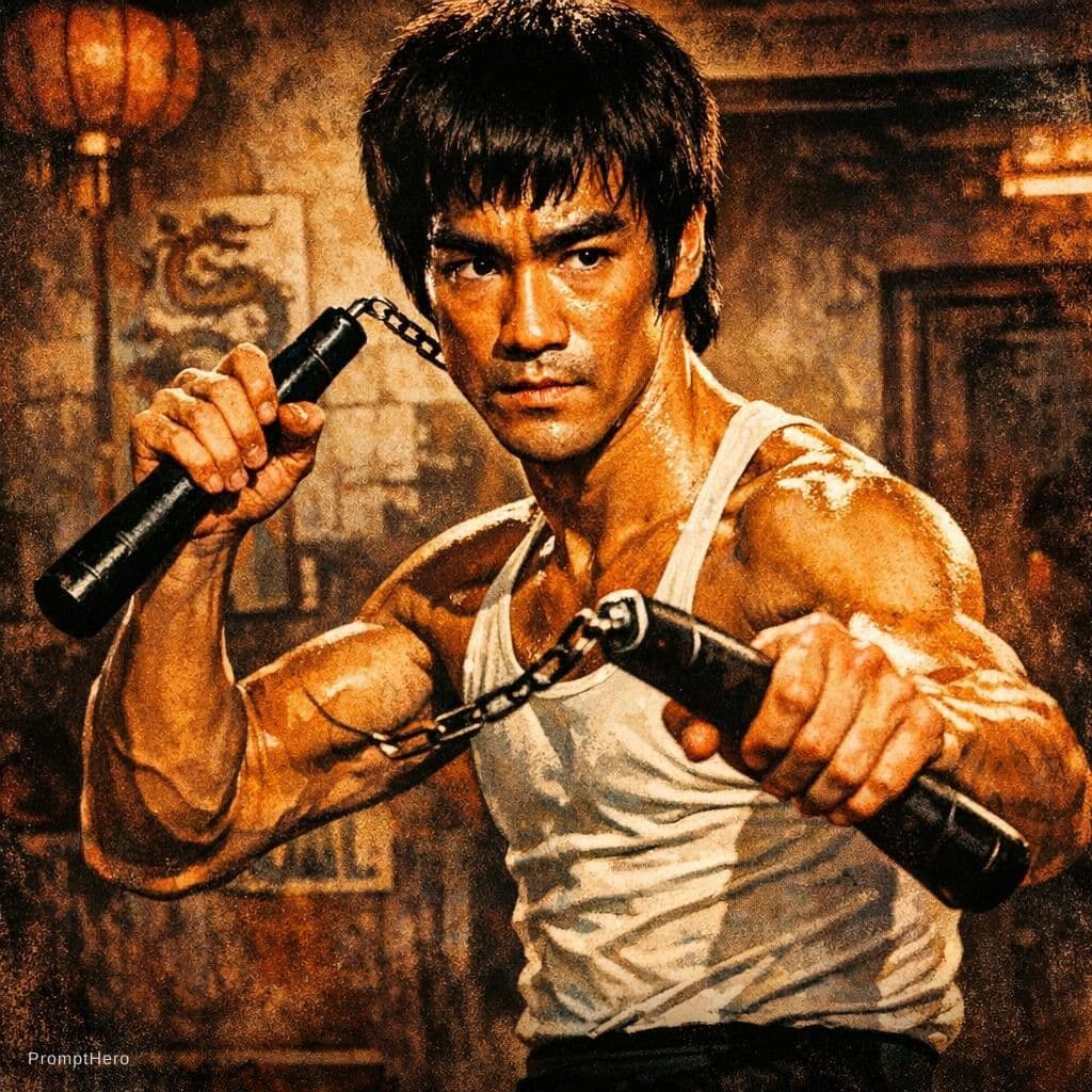 AI generated: A detailed illustration of Bruce Lee in his iconic role from the 1972 film "The Way of the Dragon," ...