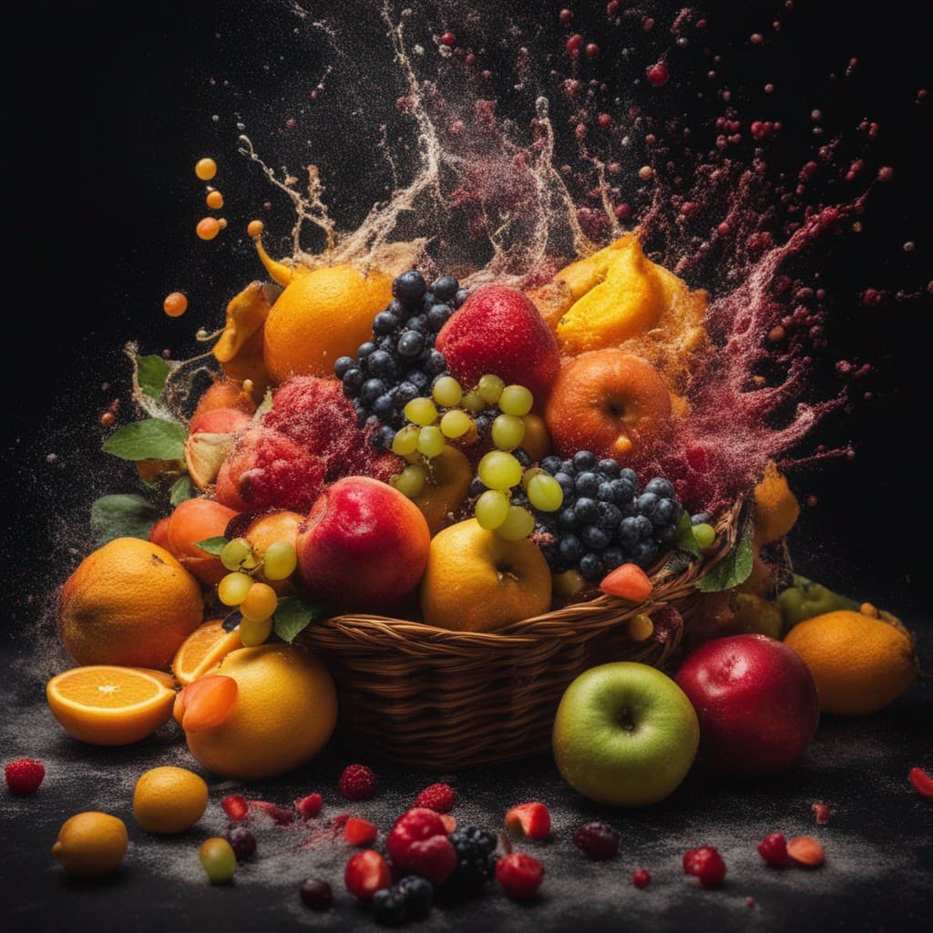 AI generated: a basket of colorful fruits, with extreme contrast, extreme details, explode with huge particles spl...