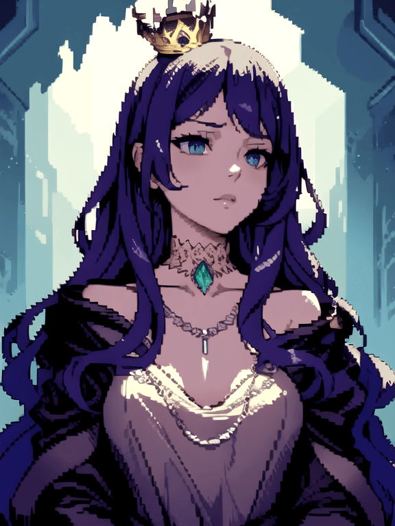 AI generated: ombre velvet gown, lovely queen, portrait, long hair, small crown, large faceted gemstone necklaces,...