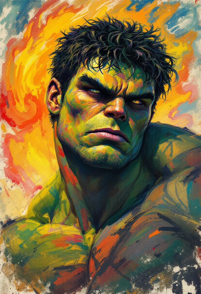 AI generated: Portrait tilted at 45 degrees, dynamic pose, Hulk, Art Nouveau, Neo-Impressionism, charcoal illustra...