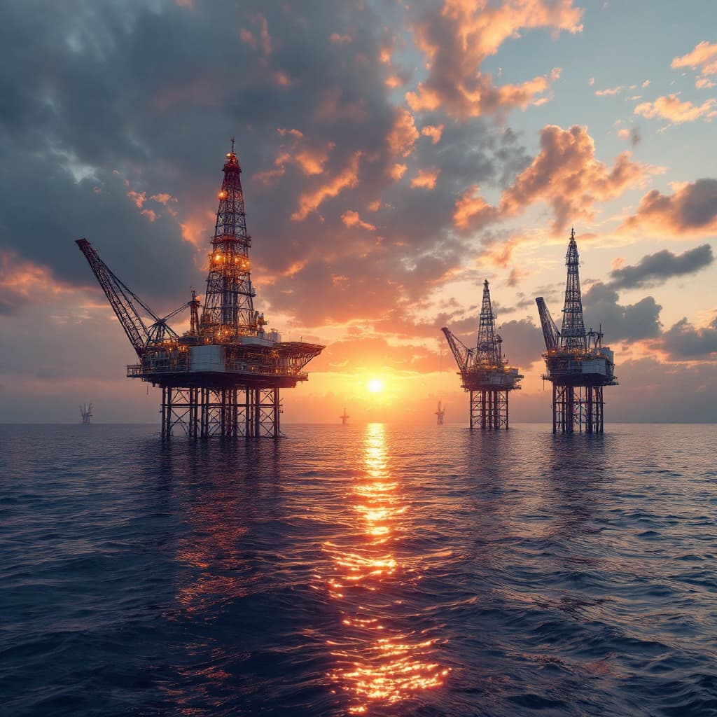 AI generated: oil rigs, golden hour
