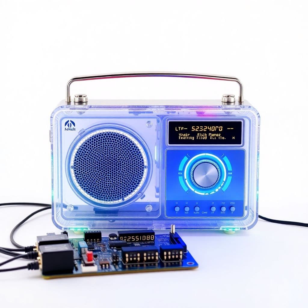 AI generated: a-transparent-radio-with-one-speaker-product-lighting-white-background-lot-of-circuit-board-insid 