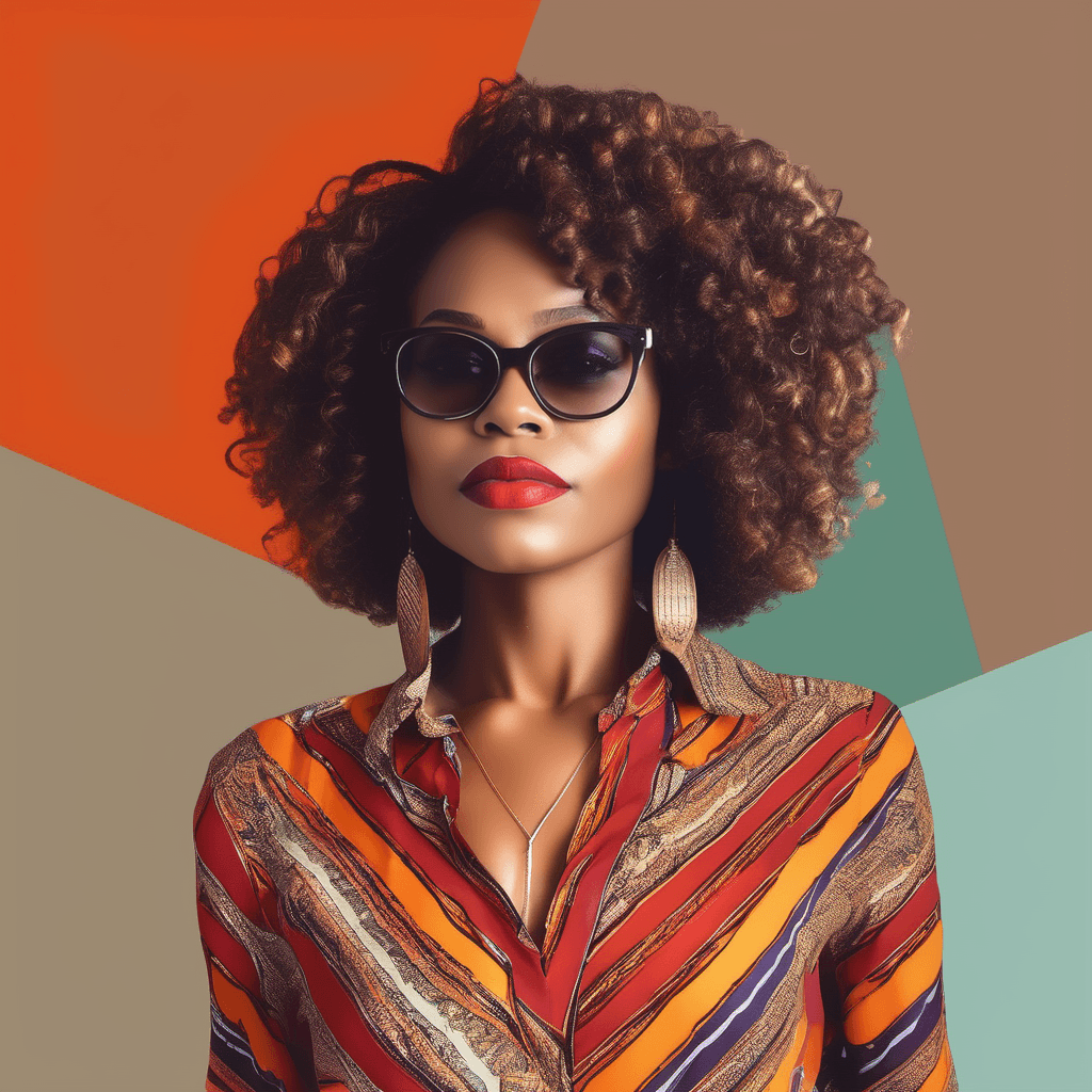 AI generated: african-american woman, multi-color blouse and background, shades, curly hair, red and orange hues, ...