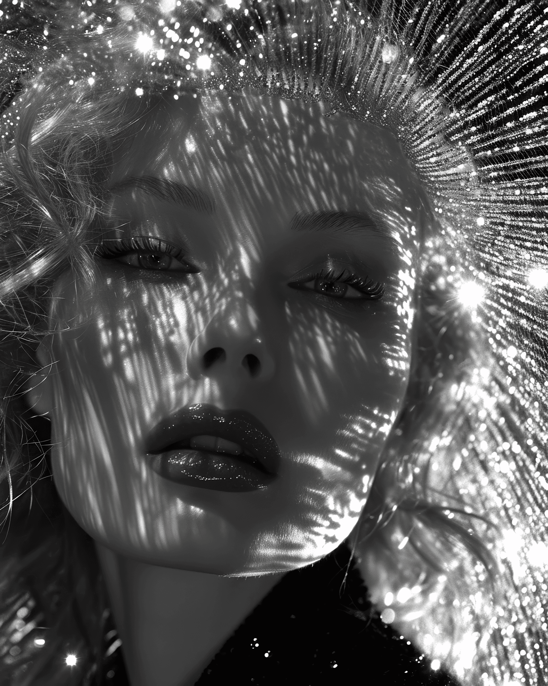 AI generated: Marlena Dietrich in high-fashion campaign for Balmain jewelry, glittercore long exposure beauty shot...