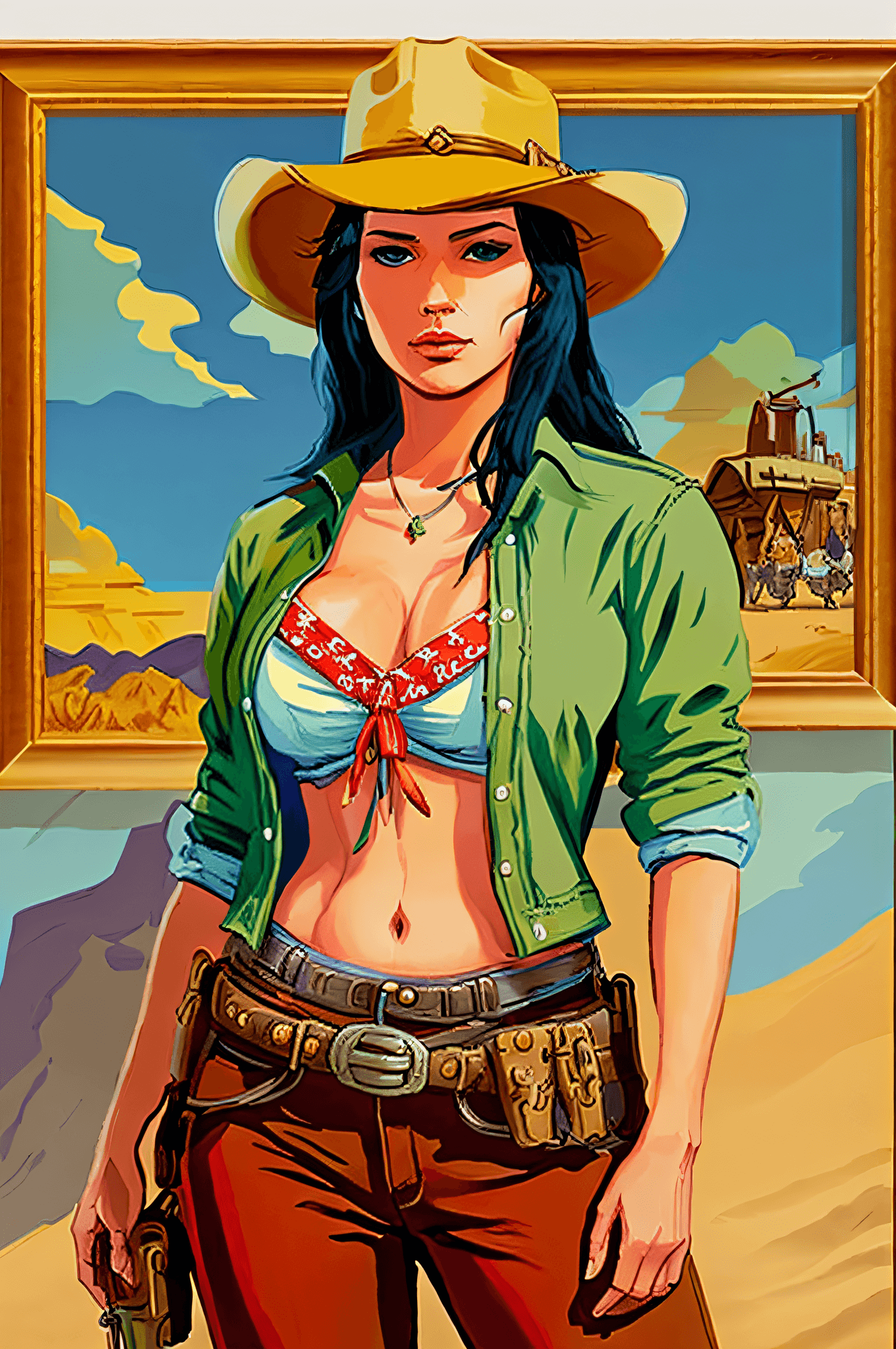 AI generated: cowboy girl with guns in a western scene with a picture frame, red dead redemption art style, cowgir...