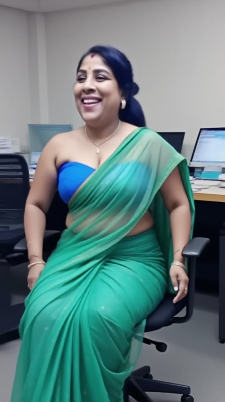 AI generated: Top view , full body image of a 25 year old plus sized hourglass figured Telugu anchor syamala sitti...